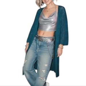 Echo Cardigan Whimsigoth Festival Womens Medium Y2K Bell Sleeve Knit Teal Blue